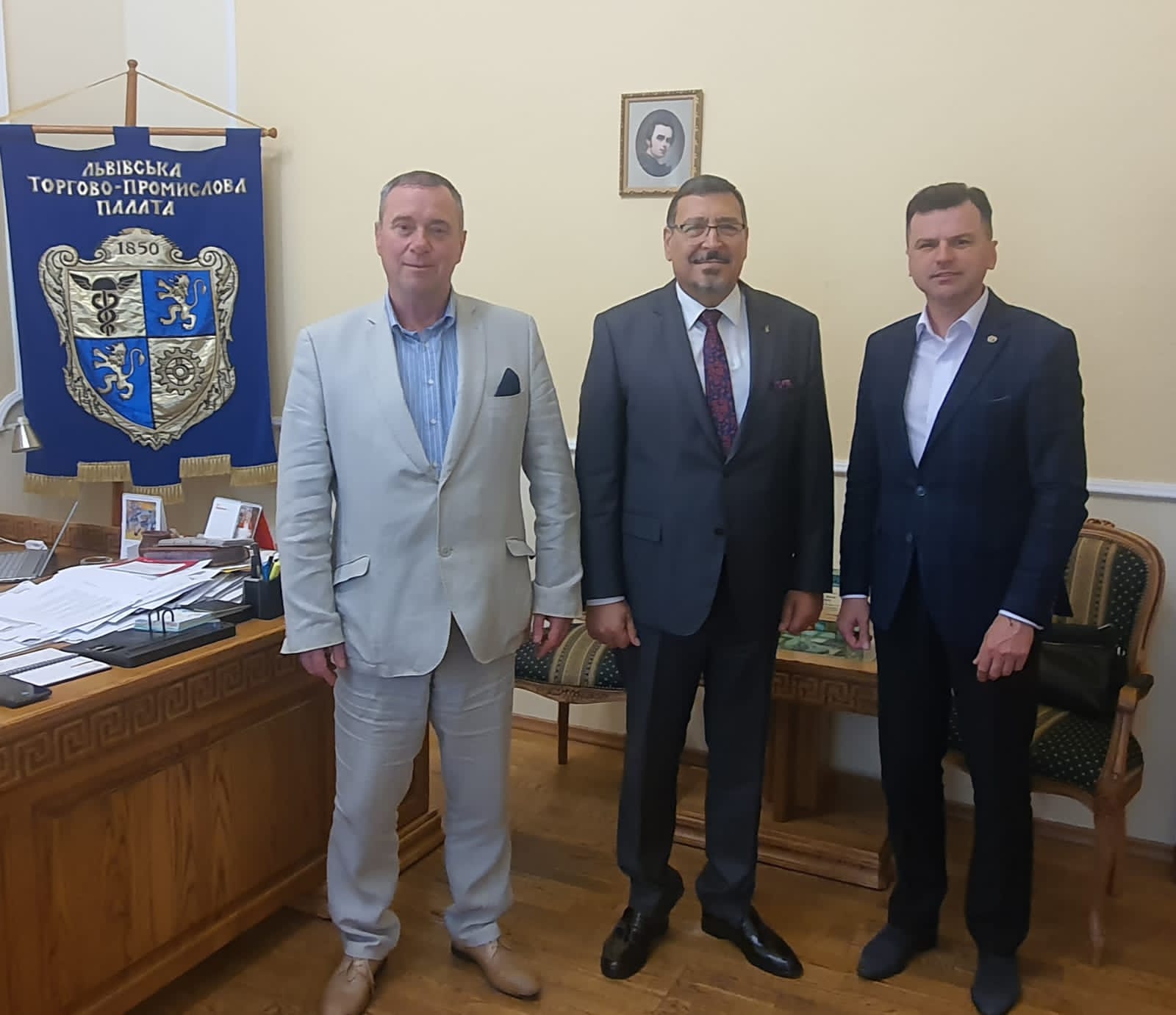 H.E. Ambassador Hashem Dajani at the meeting with the President of the Lviv Chamber of Commerce and Industry Mr. Dmytro Aftanas and the President of the Ivano-Frankivsk Chamber of Commerce and Industry Mr. Andriy Levkovych